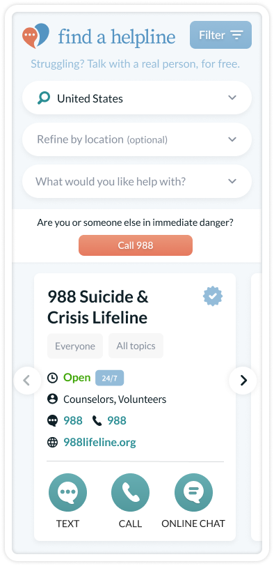 Find A Helpline widget screenshot displaying the 988 Suicide & Crisis Lifeline in the United States