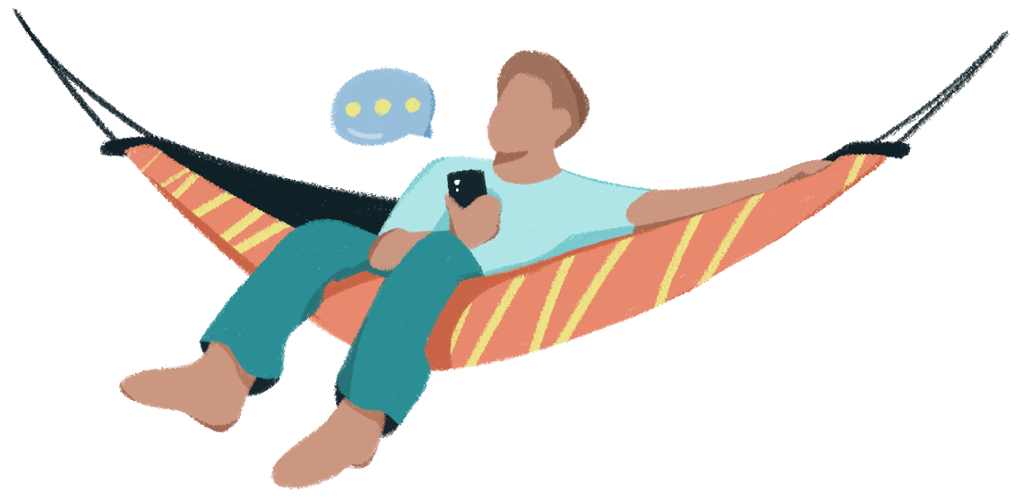 Illustration of a man reclining in a hammock text messaging a suicide hotline, symbolizing online emotional support