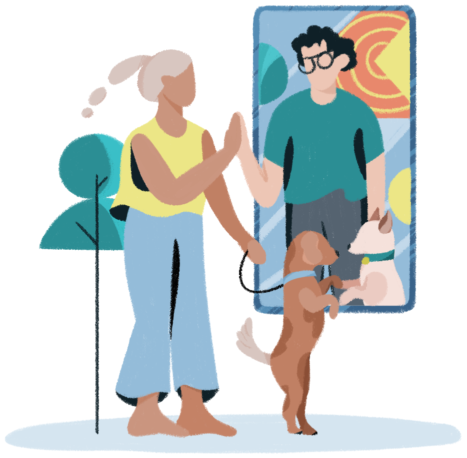 Illustration of a woman meeting a caring person, who is in a life-sized phone, to symbolize online support and connection
