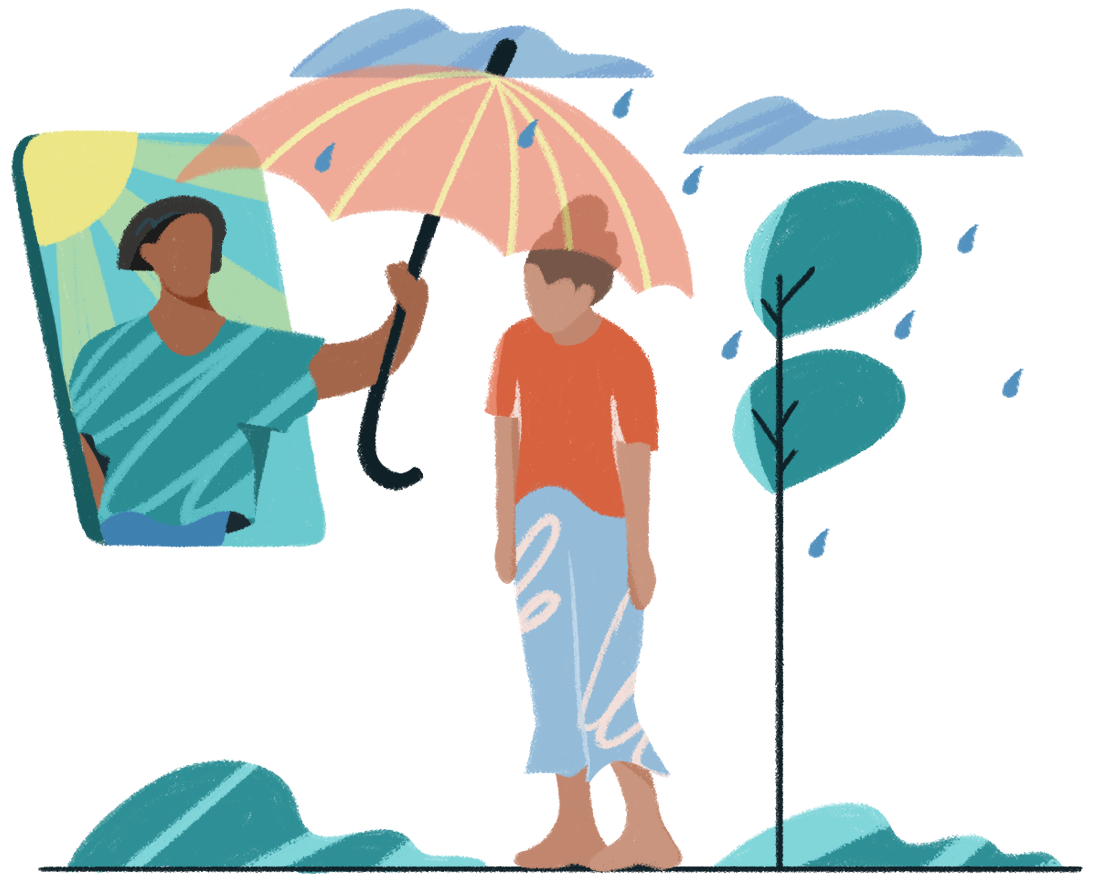 Illustration of a person within a phone reaching out to protect a depressed woman from the rain with an umbrella
