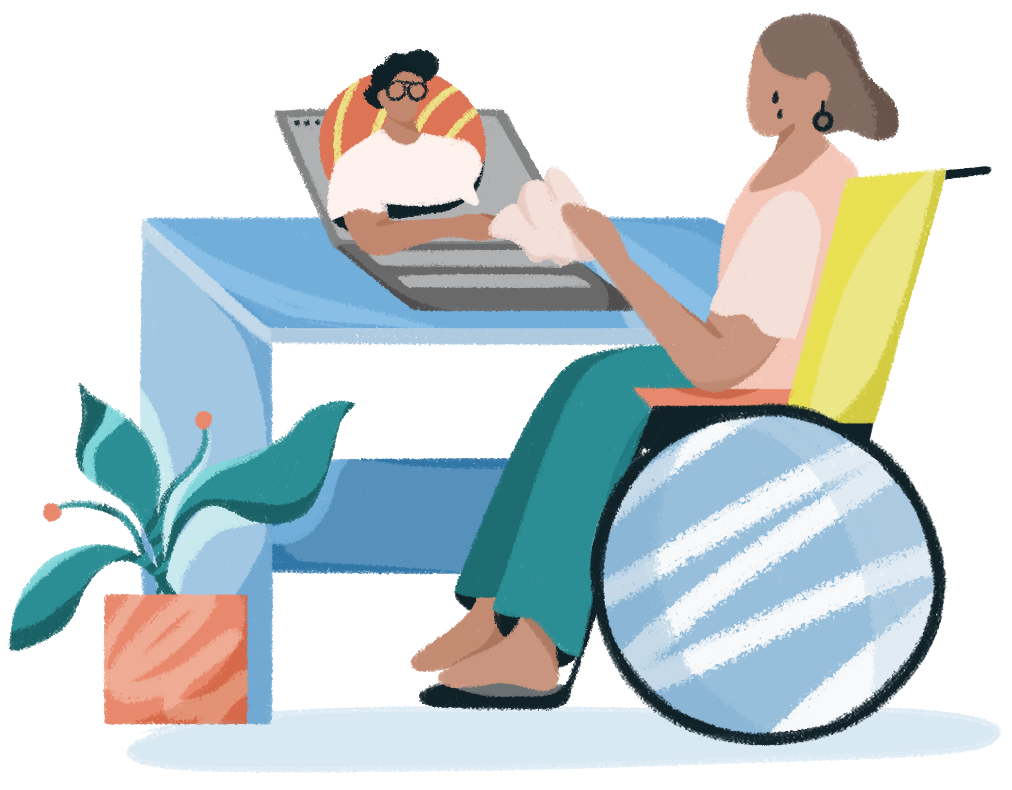 Illustration of teletherapy counselor handing a crying woman a tissue, to symbolize emotional support online