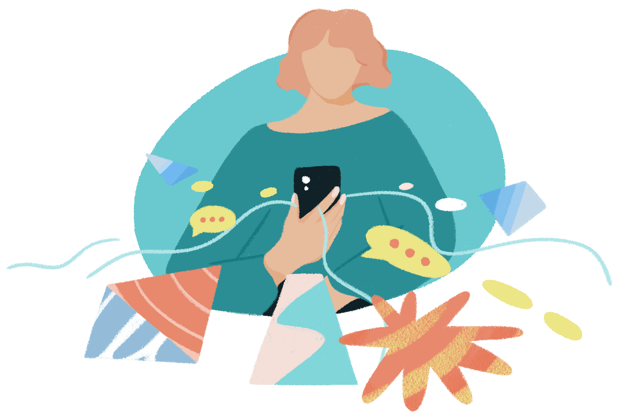 Illustration of a woman messaging a crisis counselor, with chat bubbles and shapes extending from her phone