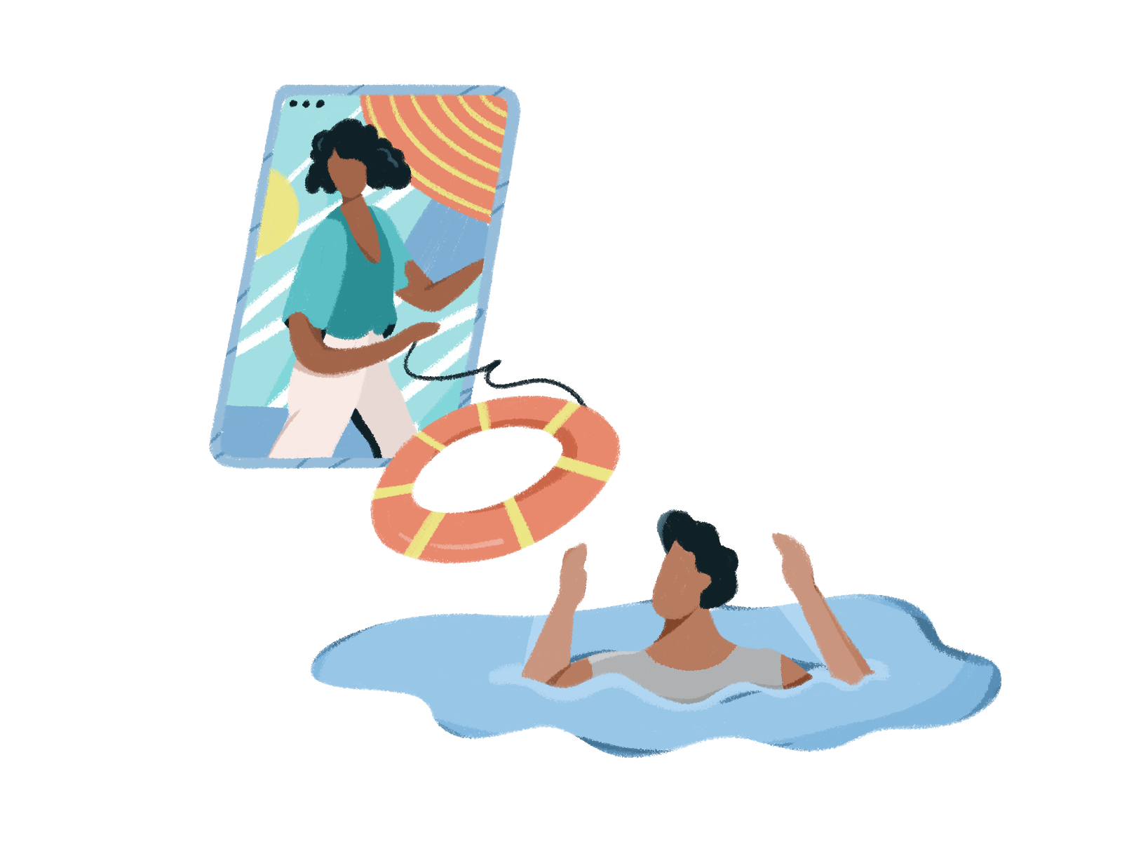 Illustration of a woman throwing a lifebuoy to a distressed person, symbolizing providing a lifeline for people in crisis